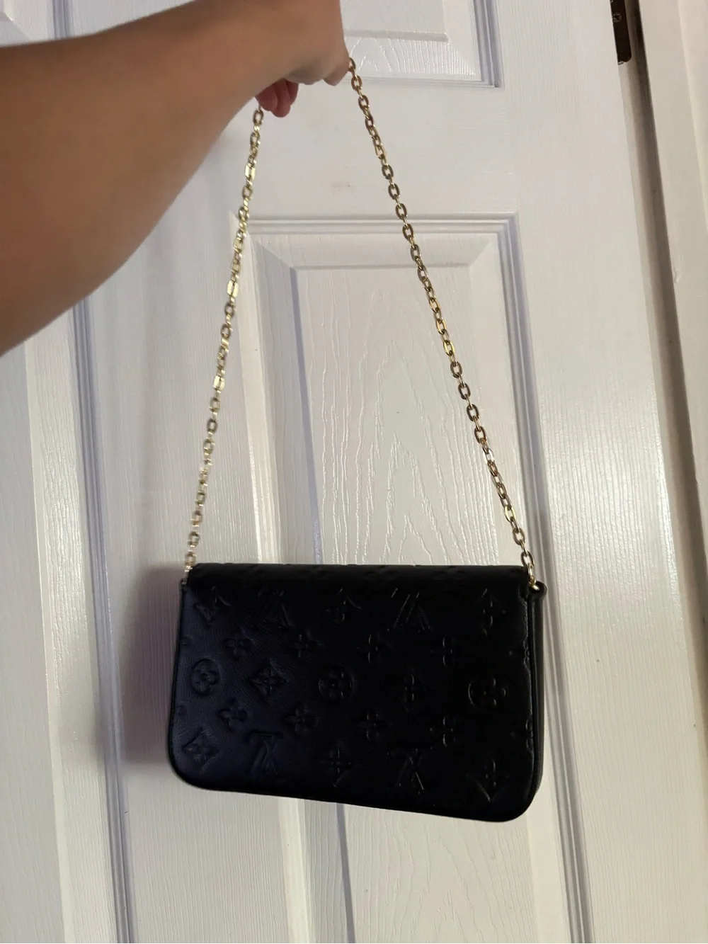 Black Embossed Leather Chain Shoulder Bag - Designer Style